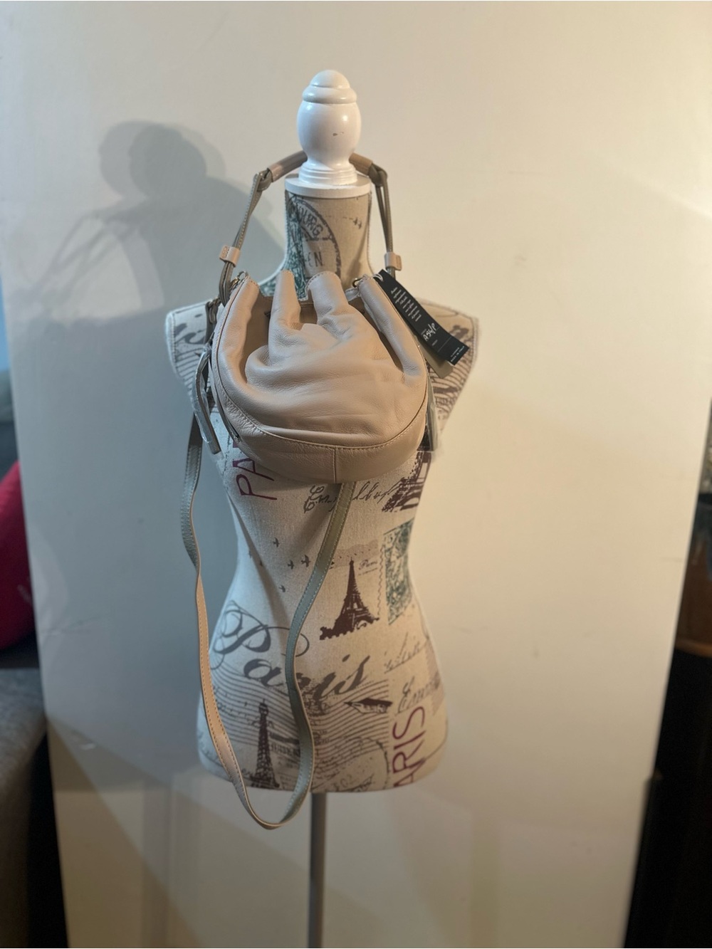 Soft Pebble Leather Drawstring Crossbody in Light Beige